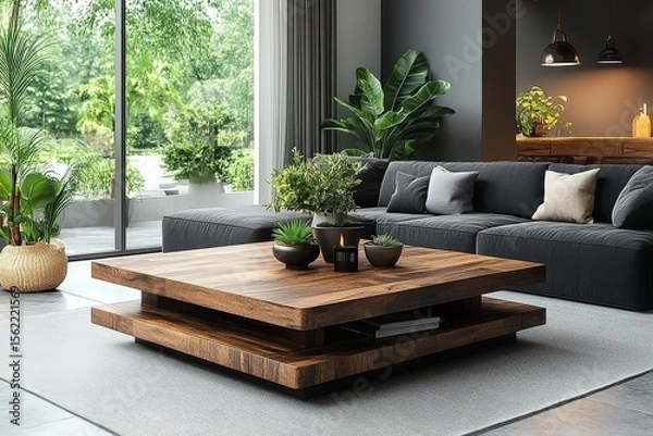 Obraz Black wood-grain coffee table with open storage drawer, set in living room background, modern functional design with clean lines and natural texture.