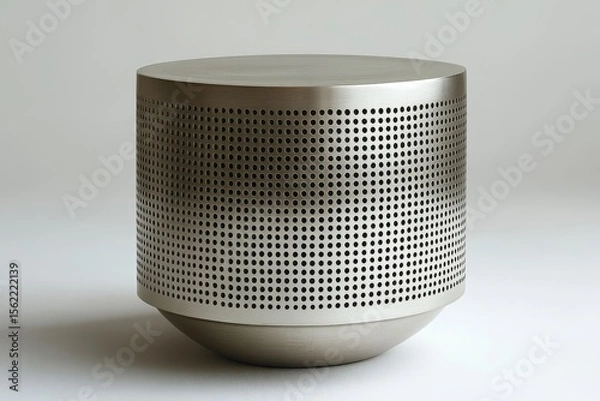 Obraz Cylindrical silver metal side table with fine dot texture, circular tabletop, round edges, monochrome design, front view on white background, high-resolution product design style.