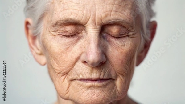 Fototapeta An elderly woman with closed eyes, displaying deep wrinkles and a serene expression against a neutral background.