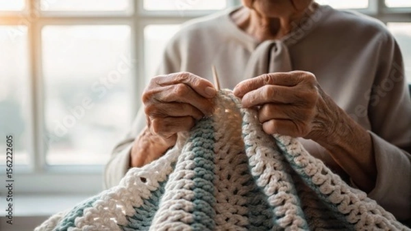 Fototapeta Elderly hands knitting a cozy blanket by a window, capturing a moment of craftsmanship and warmth.