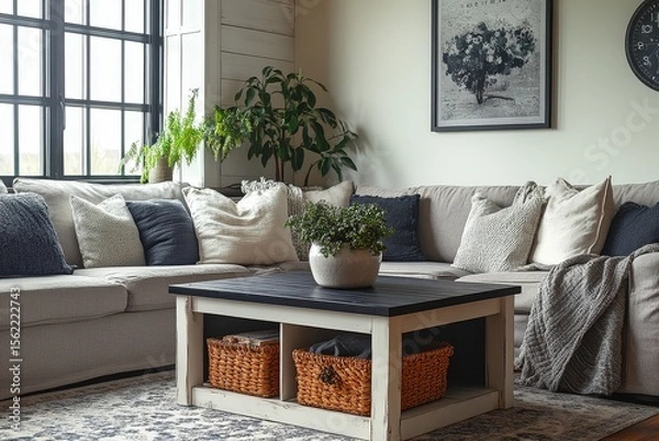 Obraz Large square white and black farmhouse wood coffee table with storage, black tabletop, placed in living room with grey sofa, combining rustic charm and practical design.