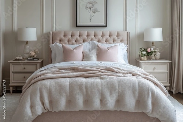 Obraz Light pink and cream fabric bed with elegant headboard, flanked by nightstands, in white room with soft lighting and minimalist artwork, showcasing plush luxurious texture and modern comfort.