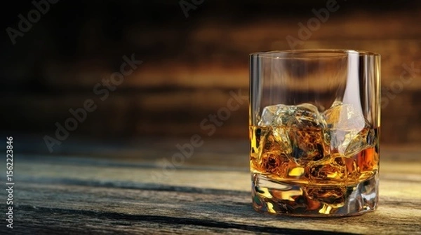 Fototapeta The elegant glass of whiskey with ice on a rustic wooden table