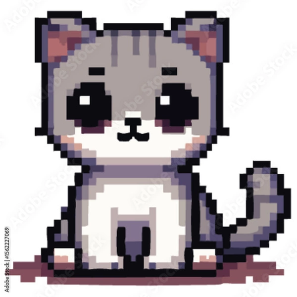 Obraz Pixelated cartoon cat, cute, sitting, gray and white, adorable.