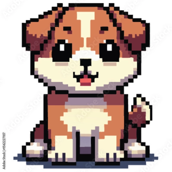 Fototapeta Adorable pixel art puppy, brown and white, sitting, cheerful expression.
