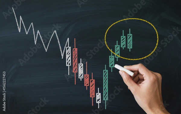 Fototapeta A chalkboard depicting stock market downtrend and potential reversal pattern analysis with candle charts