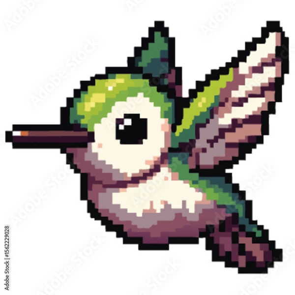 Obraz Pixelated hummingbird in mid-flight, showcasing detailed wings and vibrant plumage against a white background.