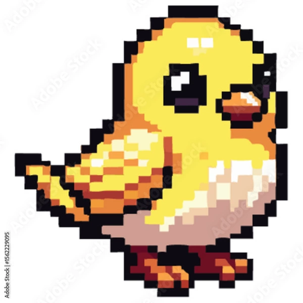 Obraz A pixelated yellow chick with large eyes, looking upwards, in a cute pose.