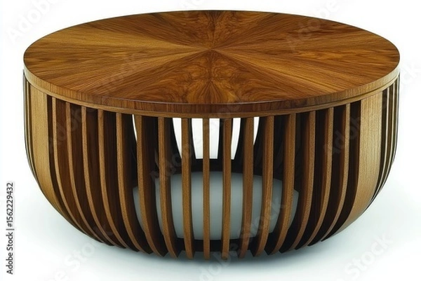 Obraz Round coffee table with slatted sides and oak finish, minimalist natural wood texture, modern functional design for home interiors
