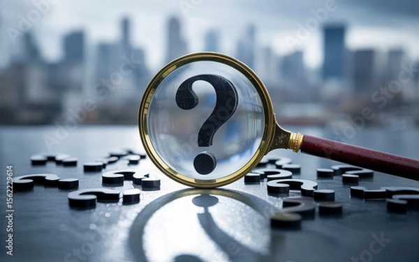 Fototapeta A magnifying glass centered on a prominent question mark amongst scattered question marks with cityscape in the background