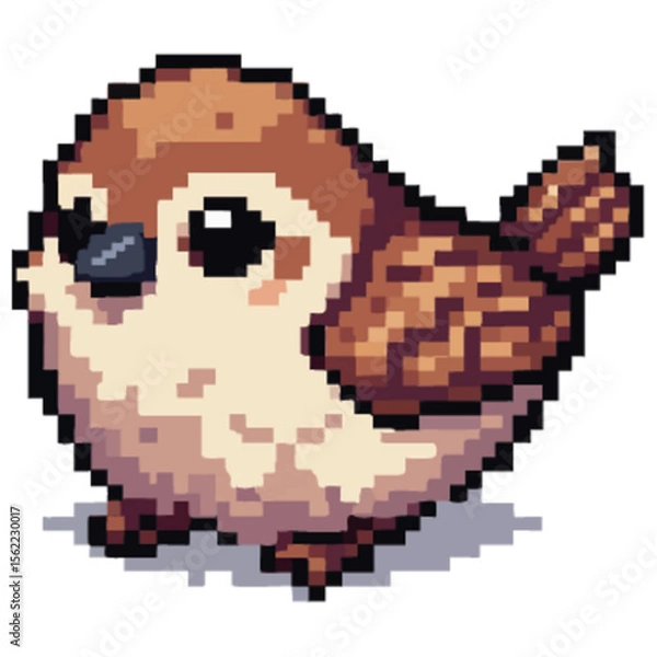 Obraz Adorable pixel art sparrow, brown and beige plumage, large eyes, friendly expression.
