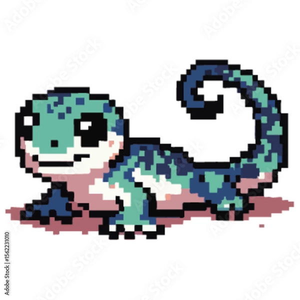 Fototapeta Pixel art illustration of a gecko with a curled tail, featuring a cute and simple design.
