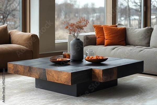 Obraz Square coffee table with dark wood top and black oak base, placed on beige patterned carpet in bright living room with grey sofa and orange pillows