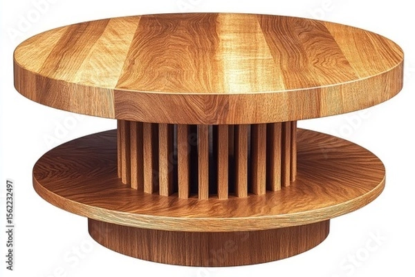Obraz Round oak coffee table with two layers and wood slats, light wooden color, minimalist clean design, functional modern furniture for living spaces