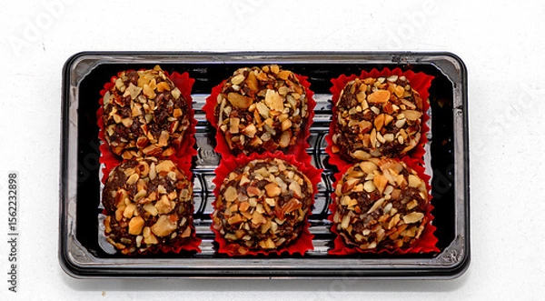 Obraz Chocolate dessert balls rolled in hazelnuts in box isolated on white background