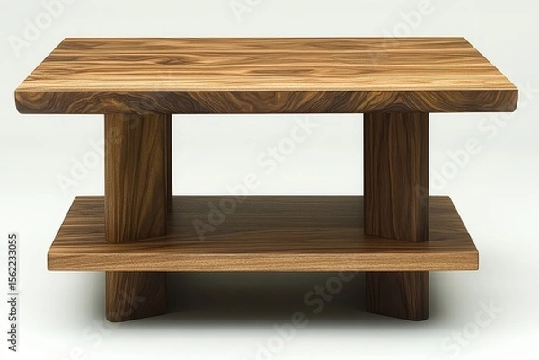 Obraz Walnut coffee table with two shelves, minimalist clean design, natural wood texture, warm tone, straight front view on gray background, high-resolution product