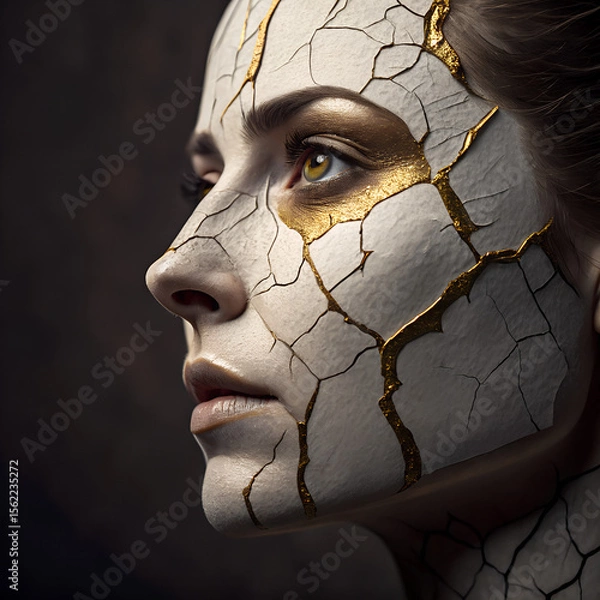 Obraz A woman's face with cracks and gold highlights resembling the kintsugi technique