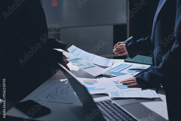 Obraz Group of business women working on a financial data expenses document.