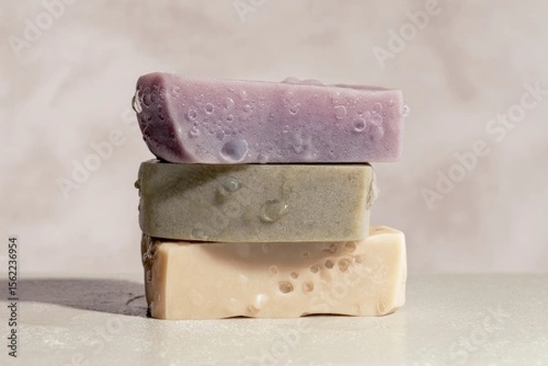 Fototapeta Three handmade soap bars are arranged in a stack, featuring vibrant colors and unique surface textures, highlighting their artisanal quality