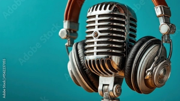 Fototapeta A shiny, modern microphone with black headphones rests against a bright background, ready for audio recording or streaming activities