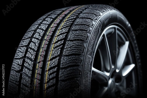 Fototapeta A clean tire is presented against a black background, highlighting its tread pattern meant for enhanced grip and performance on various surfaces