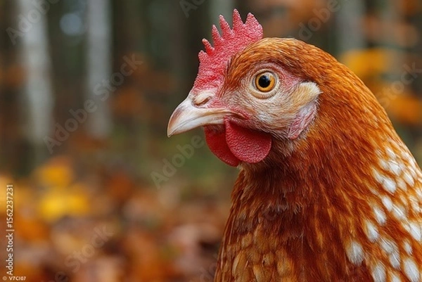 Fototapeta A striking hen stands prominently against a blurred natural background filled with autumn leaves, showcasing vibrant feathers and a curious gaze