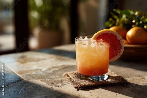 Fototapeta Grapefruit Cocktail with Ice on Table