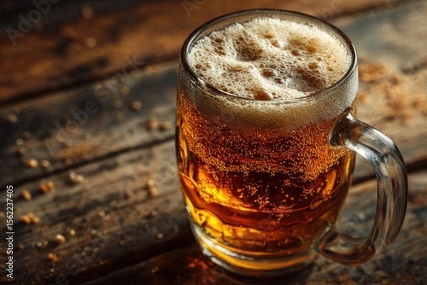 Fototapeta Frothy beer fills a clear glass, perched on a textured wood table, surrounded by a warm, inviting atmosphere, perfect for relaxation