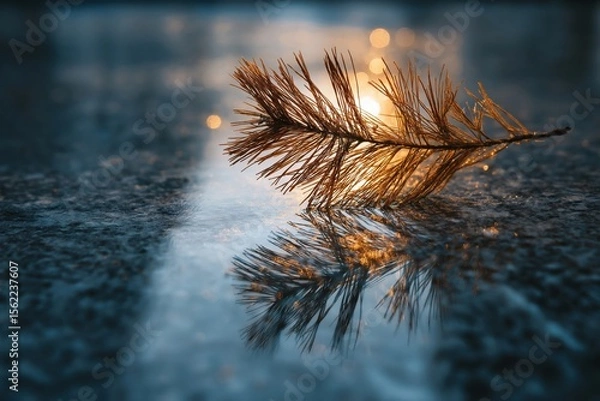 Fototapeta Pine branch reflecting on wet asphalt at sunset during christmas time