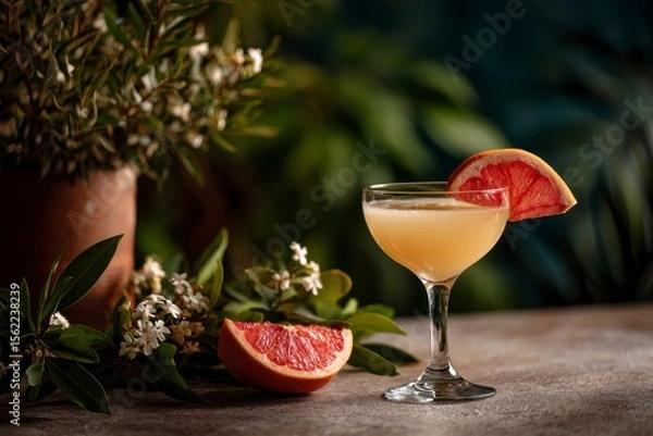 Fototapeta Grapefruit Cocktail in Glass with Slice of Citrus