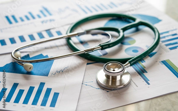 Fototapeta Medical stethoscope resting on financial charts illustrating healthcare data analysis and industry statistics in a business context.