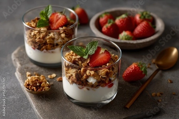 Fototapeta Granola Yogurt Parfait with Strawberry and Mint