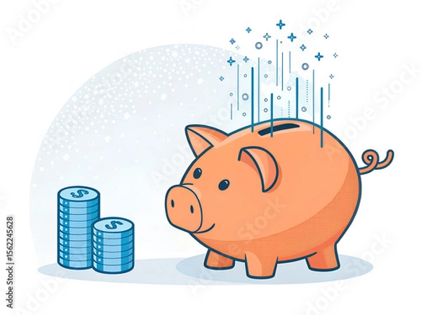 Obraz A piggy bank with coins and digital symbols representing saving money