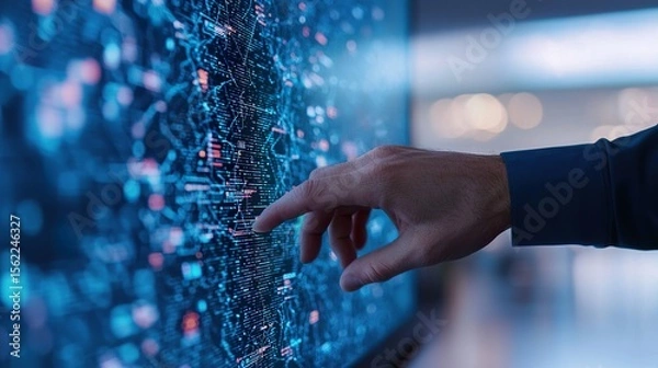 Fototapeta Close-up of AI algorithm visualization on a high-definition curved screen, flowing digital code, 3D neural network animations, graphs and nodes interconnected, hand gestures interacting with floating 