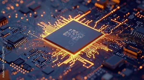 Fototapeta Close-up of an AI neural processor chip embedded on a motherboard, surrounded by microtransistor