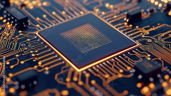 Fototapeta Close-up of an AI neural processor chip embedded on a motherboard, surrounded by microtransistor