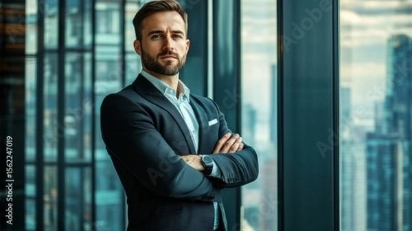 Fototapeta Corporate man in a dark suit, arms crossed, standing confidently in a skyscraper office, leadership power shot generative ai