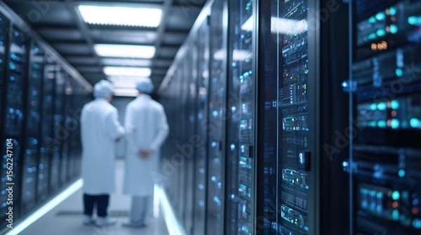 Fototapeta Futuristic AI server room filled with glowing neural networks, glass panels reflecting deep blue and white lights, cables connecting AI cores,