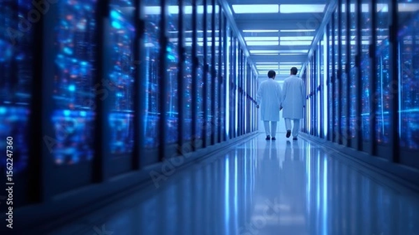 Fototapeta Futuristic AI server room filled with glowing neural networks, glass panels reflecting deep blue and white lights, cables connecting AI cores,