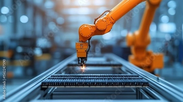 Fototapeta Robotic arm powered by AI assembling microchips on a conveyor belt, factory setting with high attention to mechanical details