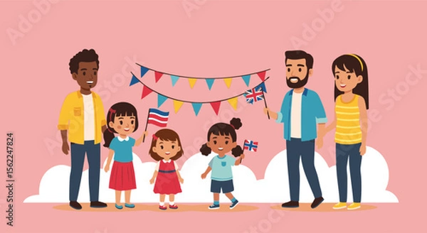 Fototapeta Multicultural Family Celebrates with Flags and Bunting