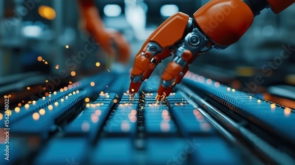 Fototapeta Robotic arm powered by AI assembling microchips on a conveyor belt, factory setting with high attention to mechanical details