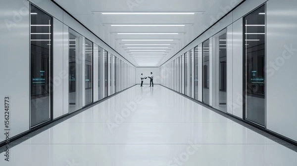 Fototapeta Wide-angle view of a futuristic AI research lab, glass walls, robotic arms assembling AI chips