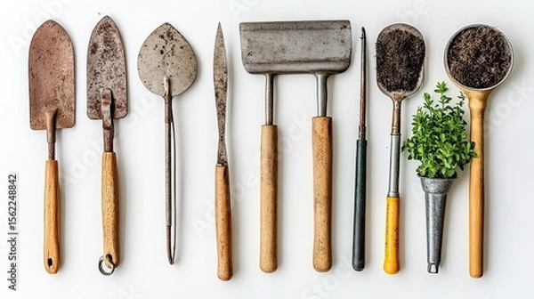 Fototapeta Gardening tools on a white background, perfect for gardeners, home improvement, and landscaping content.