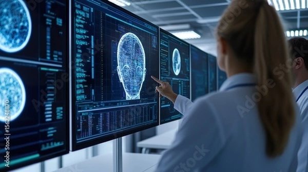 Fototapeta Team of engineers monitoring a massive transparent AI interface on a large screen inside a high-tech control room