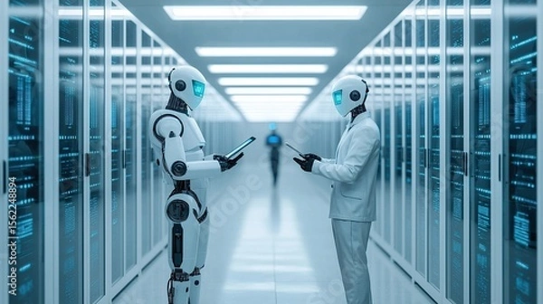 Fototapeta Wide-angle view of a futuristic AI research lab, glass walls, robotic arms assembling AI chips
