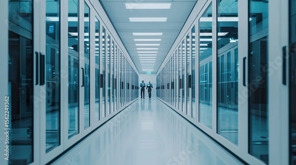 Fototapeta Wide-angle view of a futuristic AI research lab, glass walls, robotic arms assembling AI chips
