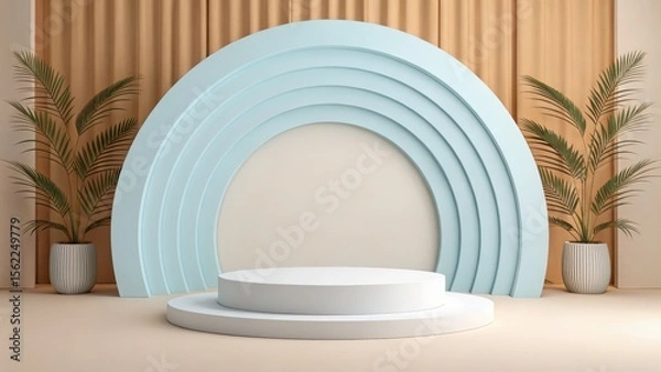 Obraz Pastel Blue Archway Product Display with Two Potted Plants, Minimalist Beige Background, Modern Clean Aesthetic, Two-Tiered White Pedestal, Elegant and Serene Mood.