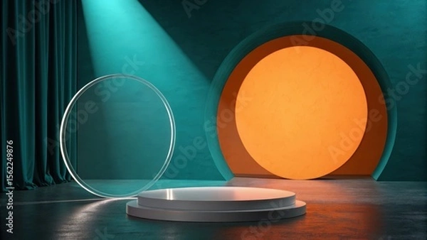 Obraz Teal and Orange Abstract Product Display: Modern Minimalist Studio Backdrop with Circular Archway, Glass Frame, and Two-Tiered Pedestal for Elegant Branding.