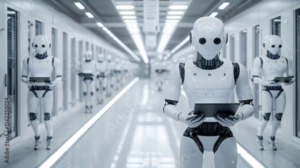 Fototapeta Wide-angle view of a futuristic AI research lab, glass walls, robotic arms assembling AI chips